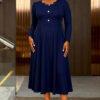 Plus-Size Women Long-Sleeved Round Neck Button Elegant Maxi Dress