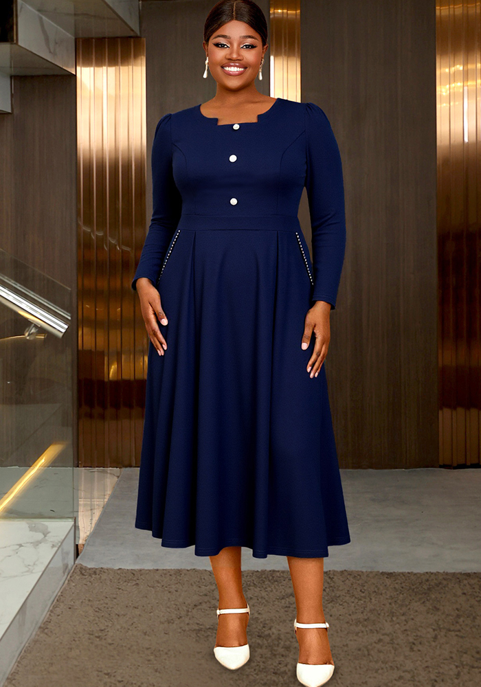 Plus-Size Women Long-Sleeved Round Neck Button Elegant Maxi Dress