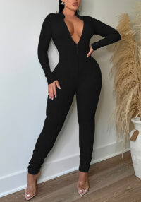 Plus Size Women Ribbed Solid Zipper Jumpsuit