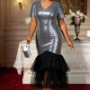 Plus-Size Women Sequined Patchwork V-Neck Short-Sleeved Layered Mesh Mermaid Evening Dress
