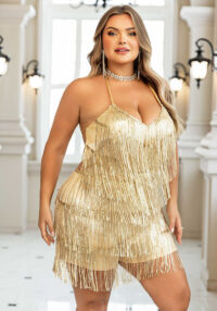 Plus-size Women sexy backless sequined fringe culottes