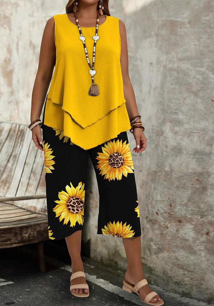 Plus Size Women Solid Sleeveless Top and Capri Pants Two-piece Summer