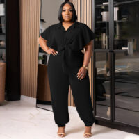 Plus Size Women Summer Button Tie Solid Top And Pant Casual Two-piece Set