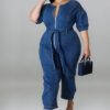 Plus Size Women summer short-sleeved zipper Denim Jumpsuit