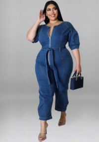 Plus Size Women summer short-sleeved zipper Denim Jumpsuit