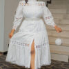 Plus Size Women Vintage Hollow Lace Patchwork Solid Round Neck Loose Long Dress