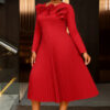Plus-Size Women Wedding Round Neck Ruffled Long-Sleeved Pleated Red Formal Party Dress