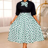 Plus Size Women's Elegant Chic Black Top Bow Polka Dot Skirt Set