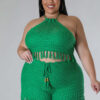 Plus Size Women's Fringe Fishnet Knitting Casual Two-Piece Pant Set