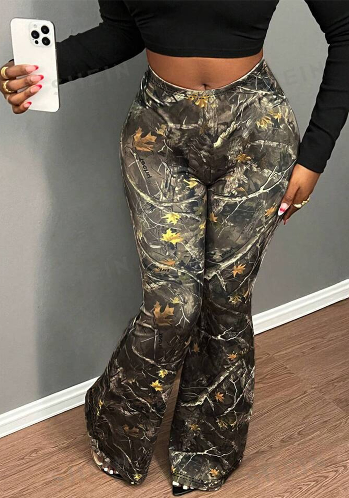 Plus Size Women's High Waist Leaf Print Bell Bottom Pants