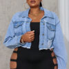 Plus-Size Women's Long-Sleeve Ripped Denim Jacket