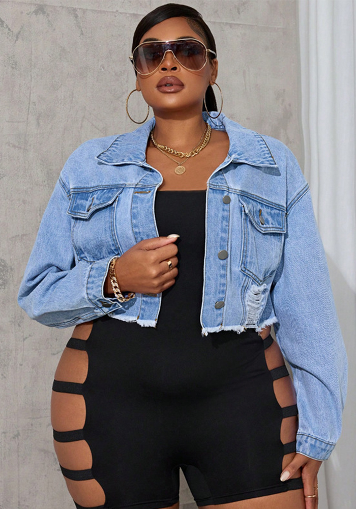 Plus-Size Women's Long-Sleeve Ripped Denim Jacket