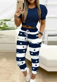 Plus Size Women's Star Stripe Casual Sweatpants Lounge Pants Elastic Drawstring Waist Lounge Pants