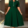 Plus Size Women's Turndown Collar Short Sleeve Dress Button Slim Waist Elegant Party Dress