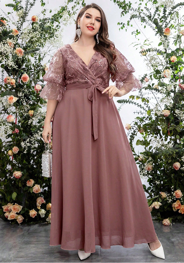 Plus Size Women's V-Neck Mesh Embroidered Patchwork Solid Color Chiffon Waist Lace-Up Elegant Dress