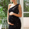 Pregnant Women's Fashion Sexy One Shoulder Chain Sequins Tight Fitting Dress
