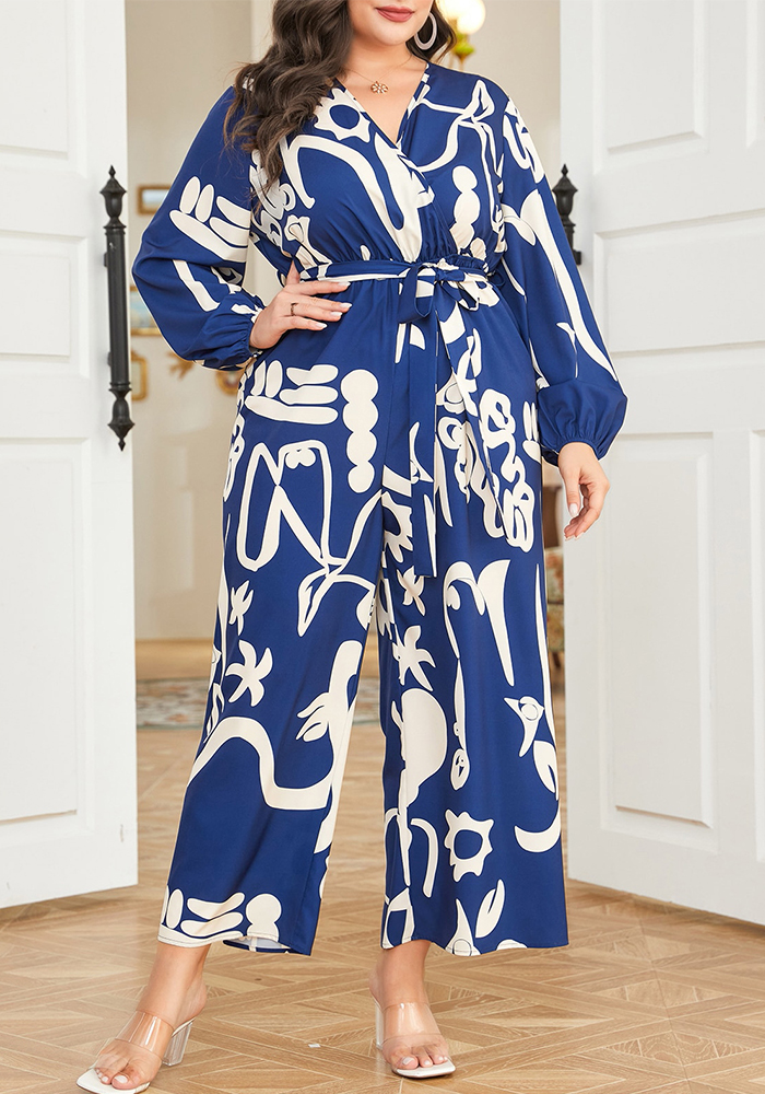 Printed Wrap V-Neck Long Sleeve Slim Waist Straight Loose Le Long Jumpsuit