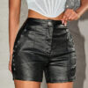 PU Leather Mid-Waist Pocket Black Women's Sexy Slim Waist Shorts