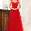 Red Strap sequin Mesh Formal Party Long Evening Dress