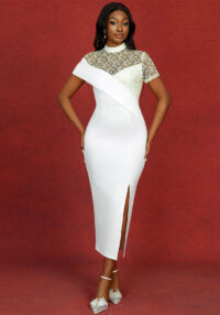 Round-Neck See-Through Lace Short-Sleeve formal Party Wedding & Bridesmaid Slit Dress