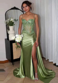 Satin Slit Sexy Evening Gown Strap Long Dress Slim Waist Slimming Ball Gown(Processing time need 3-6 days)