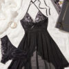 Seductive See-Through Mesh Sexy Strappy Dress Lace Bow Lingerie Nightgown