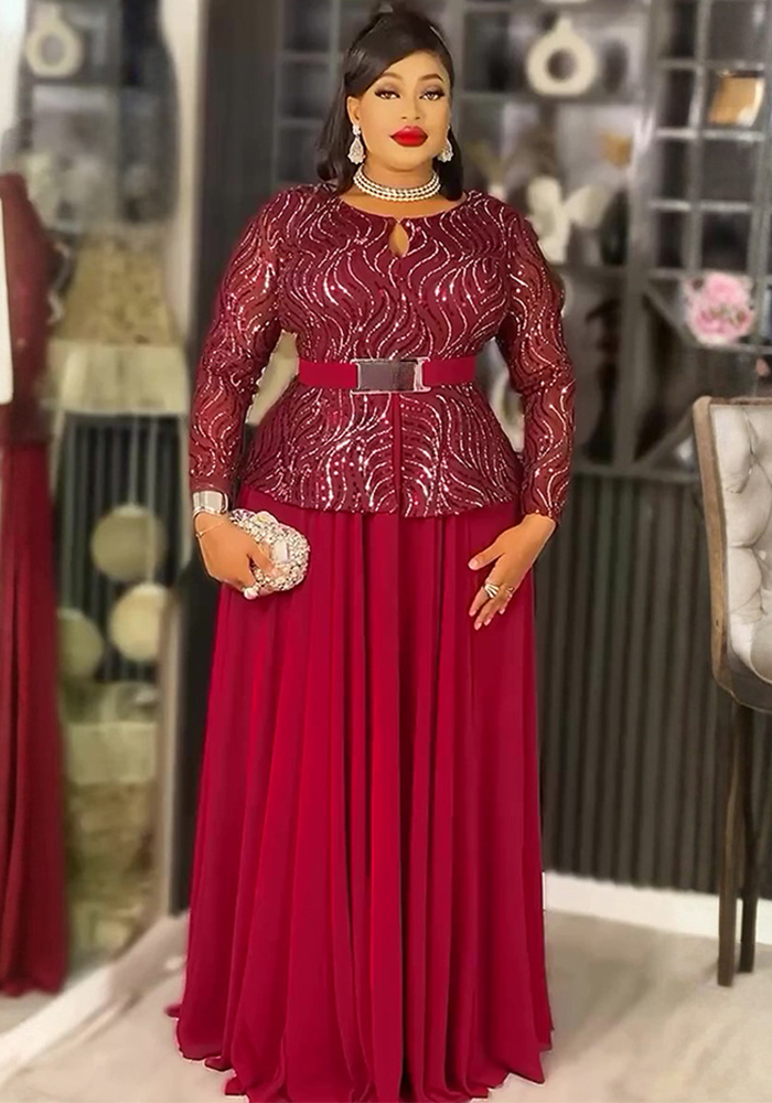 Sequin Formal Party Gown African Women's Plus Size Dress with Belt