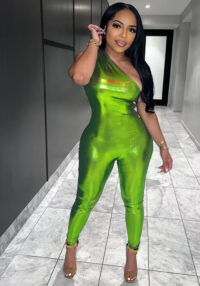 Sexy One Shoulder Solid Color Sleeveless Slim Fitted Pu Leather Jumpsuit
