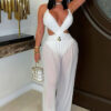 Sexy V-Neck Tie Low Back See-Through Jumpsuit with Long Pants for Women