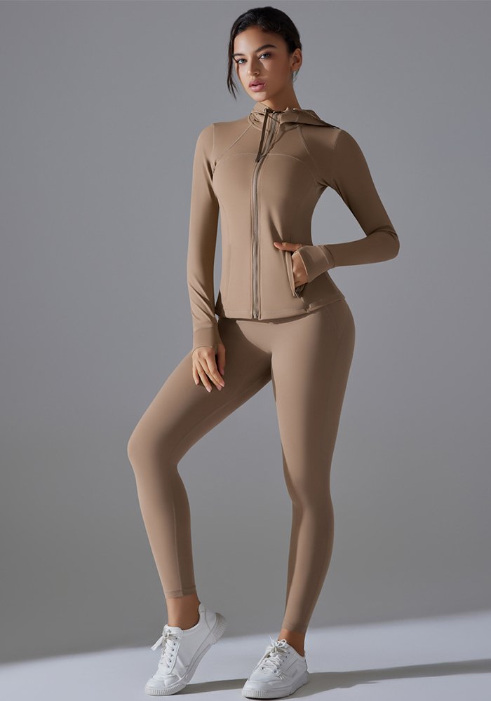Solid Color Zipper Hooded Sports Jacket Running Fitness Leggings Two-Piece Yoga Suit