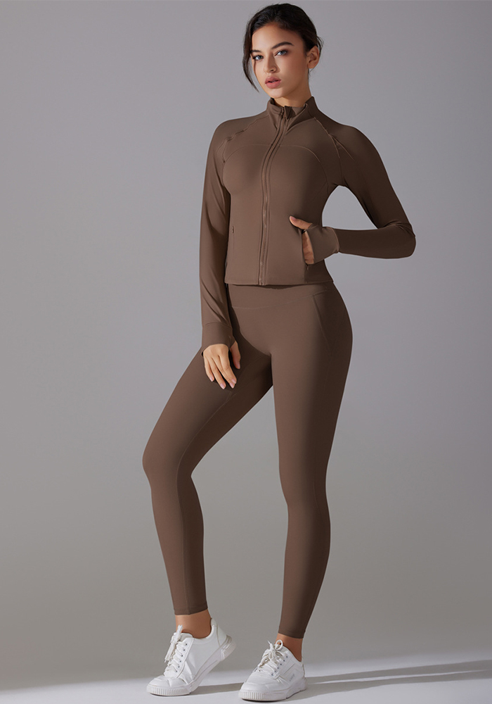 Solid Color Zipper Jacket Sports Running Fitness Leggings Two-Piece Yoga Suit