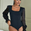 Spring & Autumn Women's Solid Color Slim-Fit Square Neck Mesh Long-Sleeve Bodysuit