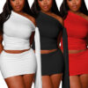 Spring Casual Solid Color Women's Slash Shoulder Lace-Up top Short Skirt Set