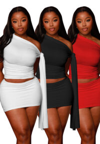 Spring Casual Solid Color Women's Slash Shoulder Lace-Up top Short Skirt Set