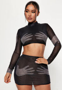 Spring Mesh Palm Printed Women's Long Sleeve See-Through Top Short Skirt Set