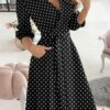 Spring Print Elegant Wrapped Skater Dress with 3/4 Sleeves