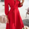 Spring Solid Color Elegant Wrapped Skater Dress with 3/4 Sleeves