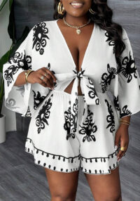 Spring & Summer Fashion Casual Bell Sleeve V-Neck Print Plus Size Jumpsuit