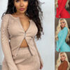 Spring Summer Women's Fashion Zipper Ribbed Long Sleeve Top & Short Skirt Two-Piece Set