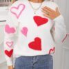 Spring Sweater Heart Print Valentine's Day Sweater Round Neck Knit Pullover Top