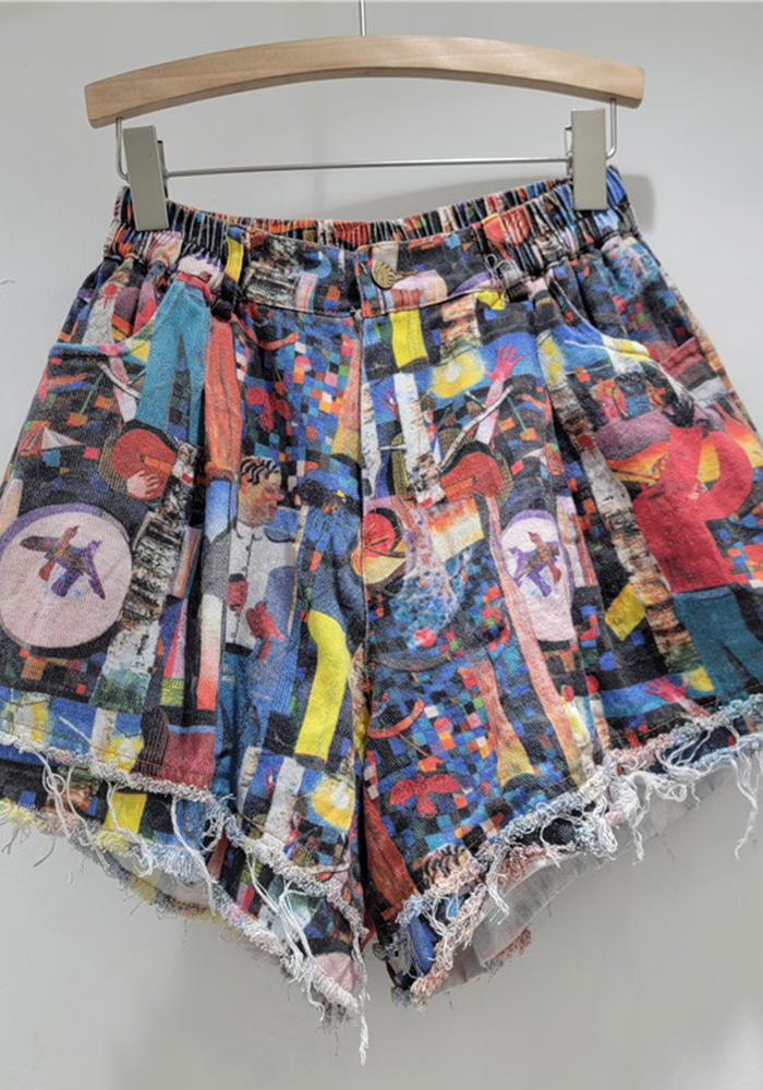 Summer Fashion Printed Distressed Wide-Leg Denim Shorts