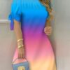 Summer Greadient Blue Off Shoulder Short Sleeve Casual Midi Dress