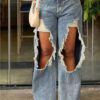Summer Loose Style Ripped Straight Leg Casual Denim Pants Women
