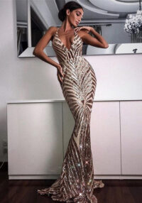 Summer Pink Sequins Straps Long Mermaid Evening Dress