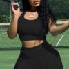 Summer Sports Black Tank Crop Top and Pleated Skirt 2PC Matching Set