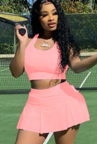 Summer Sports Pink Tank Crop Top and Pleated Skirt 2PC Matching Set