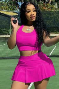 Summer Sports Rose Tank Crop Top and Pleated Skirt 2PC Matching Set