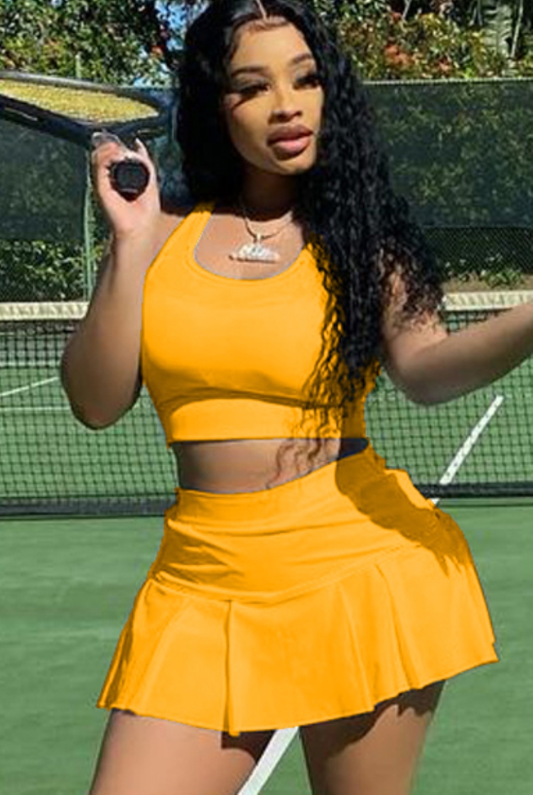 Summer Sports Yellow Tank Crop Top and Pleated Skirt 2PC Matching Set