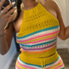 Summer Women Backless Halter Neck Top Sweater and Shorts Two-piece Set