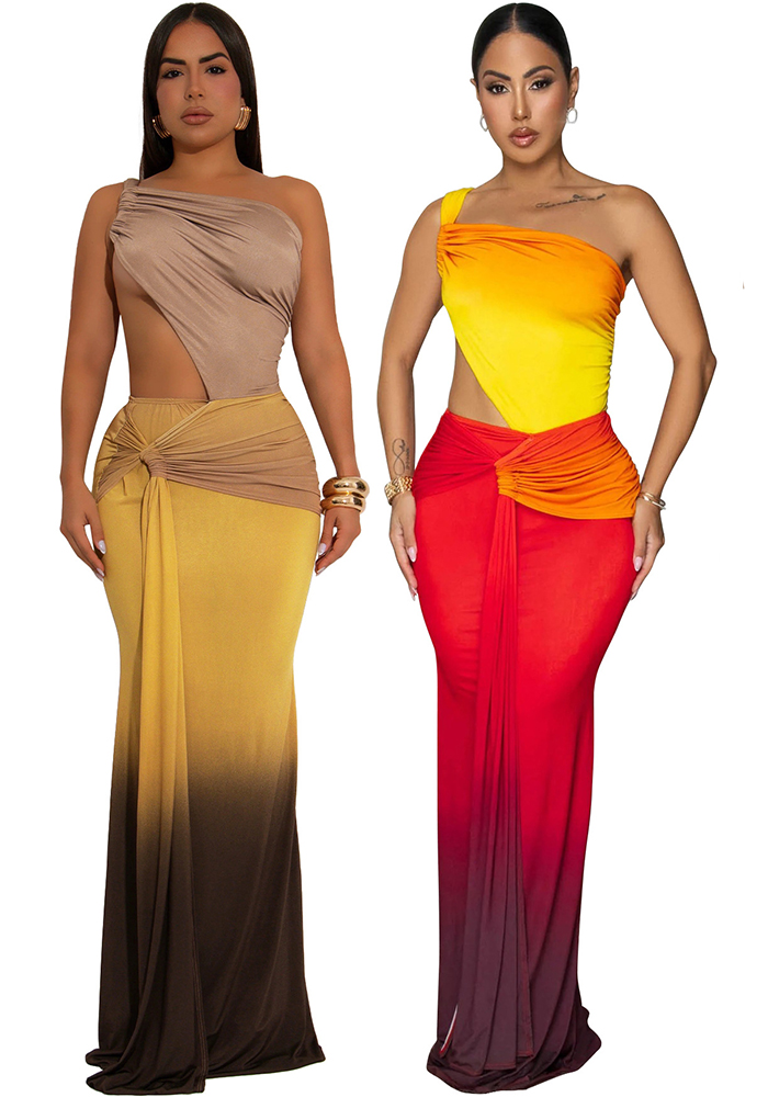 Summer Women's Sexy One-Shoulder Open Waist Gradient Long Dress